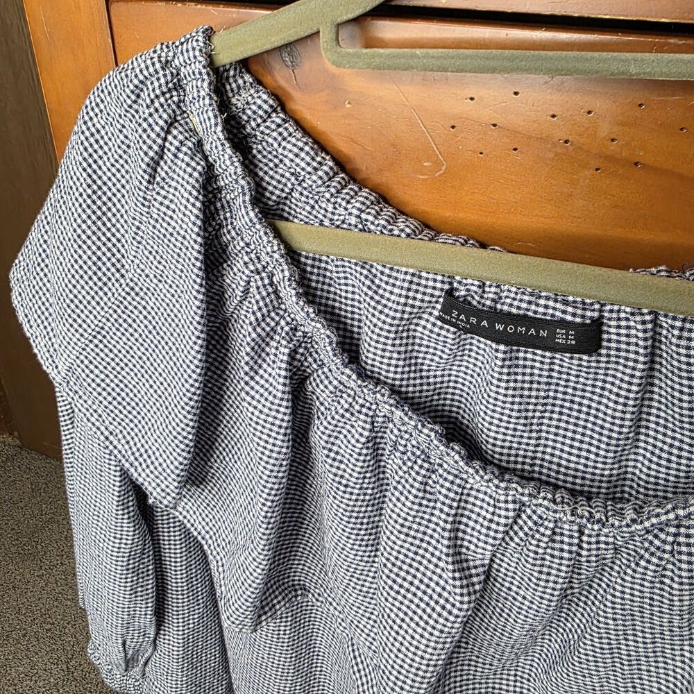 Zara Woman Peasant Blouse Size Medium Oversized Gingham Floral Embroidered - Picture 6 of 9